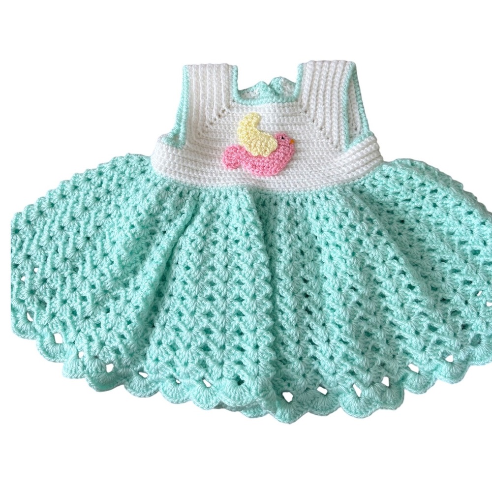 Handmade Crochet Baby Dress Dress Mint Green White Bird Cottagecore 6 month Boho